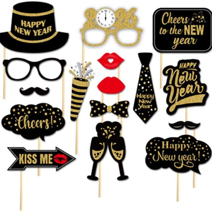 17 PCS Glitter Happy New Year 2026 Photo Booth Props with Photo Frame