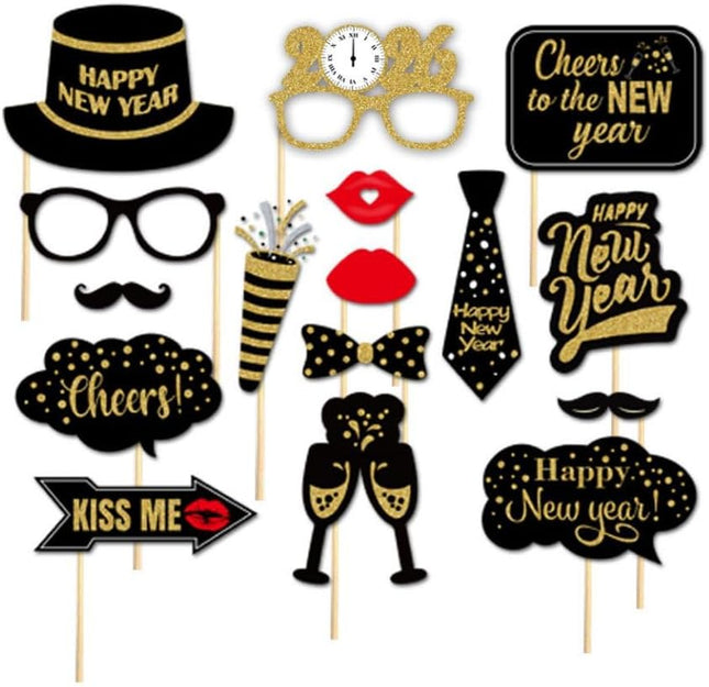 17 PCS Glitter Happy New Year 2026 Photo Booth Props with Photo Frame