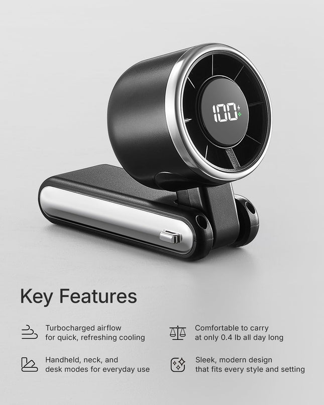 Mini Personal Hand Fan – 5 Gears, Rechargeable, Battery Powered, Black