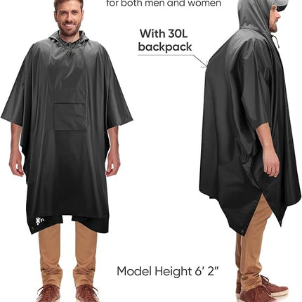 Hooded Rain Poncho for Adults, Reusable Waterproof Raincoat, Lightweight, Quick-Dry, Unisex