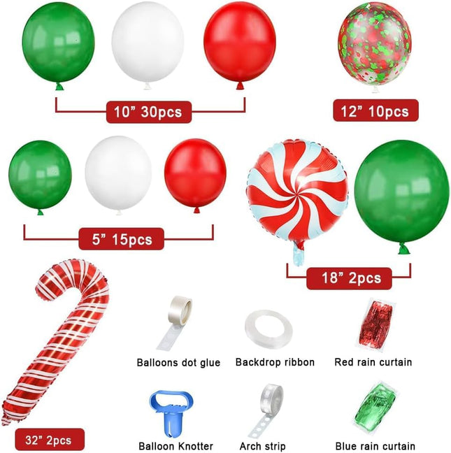 153pcs Christmas Balloon Garland Kit – Red Green White Balloons & Foil Curtain