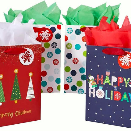 6 Pack Small Christmas Gift Bags with Tissue Paper – 3 Festive Designs