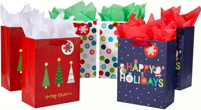 6 Pack Small Christmas Gift Bags with Tissue Paper – 3 Festive Designs