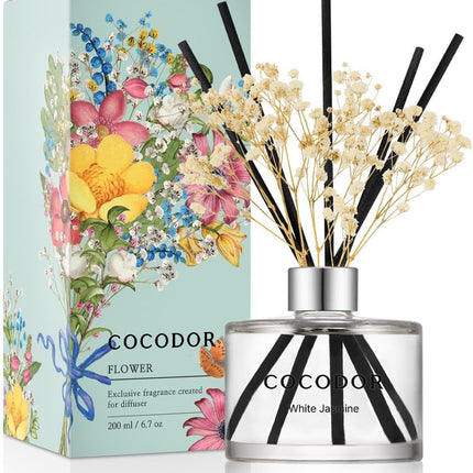 White Jasmine Reed Diffuser Set – 6.7oz Home Scent for Shelf & Bathroom Decor