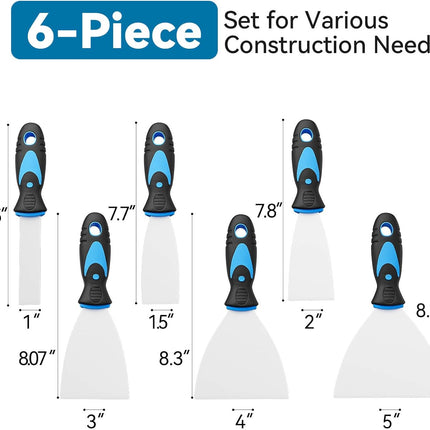 6 Pack Stainless Steel Putty Knife Set – Flexible Scrapers for Drywall & Wallpaper