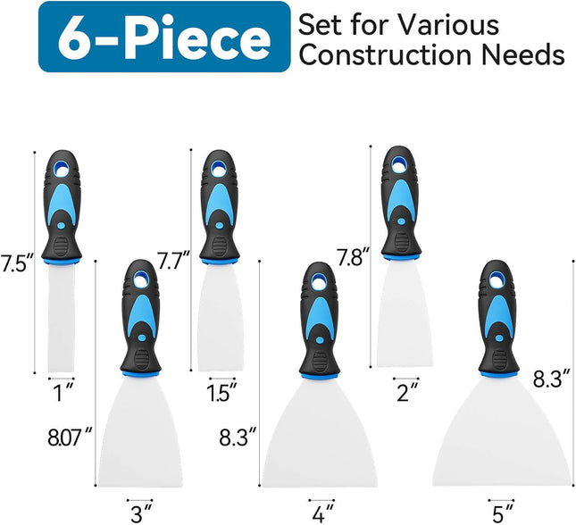 6 Pack Stainless Steel Putty Knife Set – Flexible Scrapers for Drywall & Wallpaper