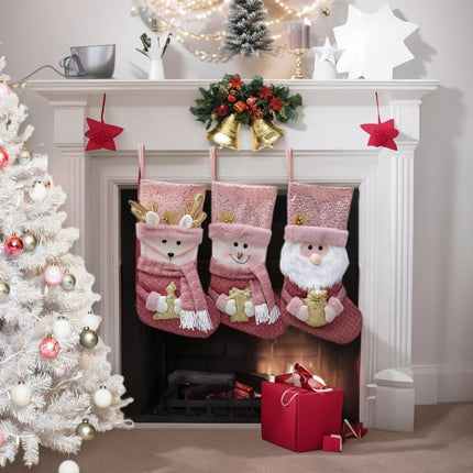 20" Pink Christmas Stockings with Gold Sequins, 3D Reindeer, Santa Claus & Snowman Designs