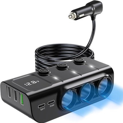 120W 8-in-1 Car Cigarette Lighter Splitter, 3 Sockets, 5 USB & PD36W USB-C