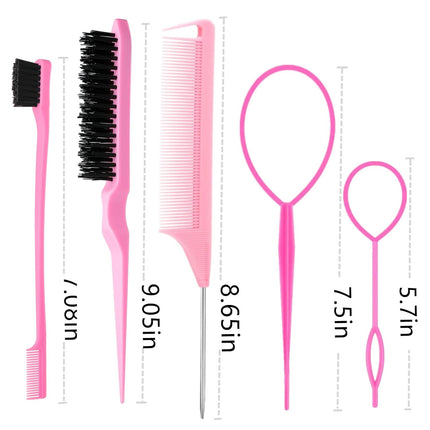 8PCS Hair Brush Set Topsy Tail Tool Teasing Brush Rat Tail Comb Pink