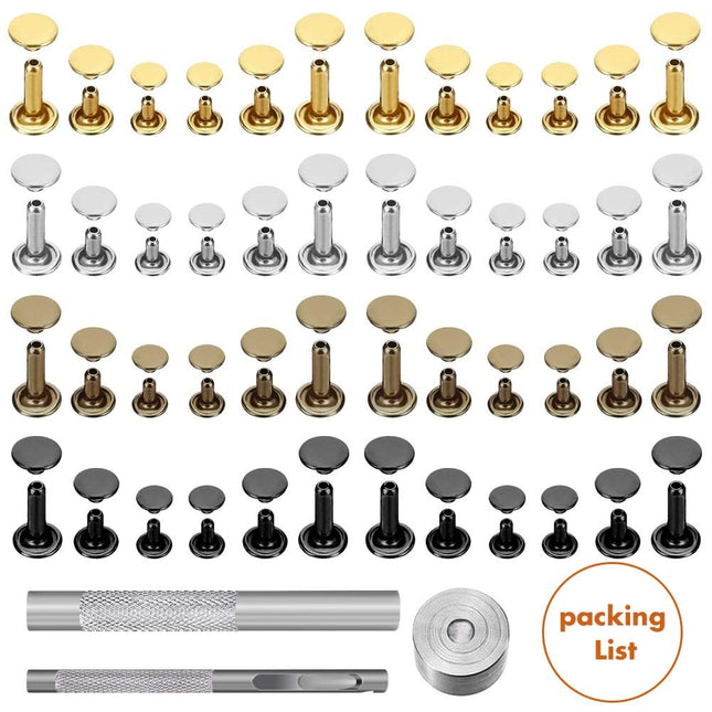 480 Sets Double Cap Leather Rivets Kit, 4 Colors, 3 Sizes with Setting Tools for DIY Crafts