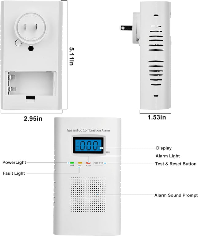 Combination Carbon Monoxide & Gas Detector with Digital Display for Home