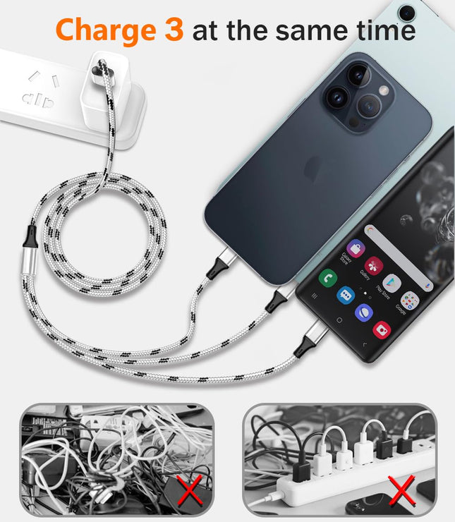 3-Pack 5ft Multi Charging Cable – 3-in-1 USB Type-C & Micro USB Nylon Braided