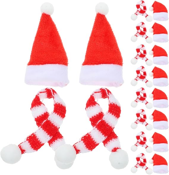20pcs Mini Knit Santa Hat & Scarf Set – Xmas Bottle, Cup & Doll Craft Decorations