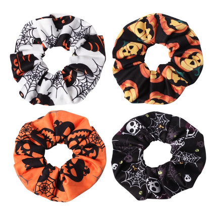 4-Piece Halloween Hair Ties, Pumpkin Ghost Skeleton & Spider Web Ponytail Bands