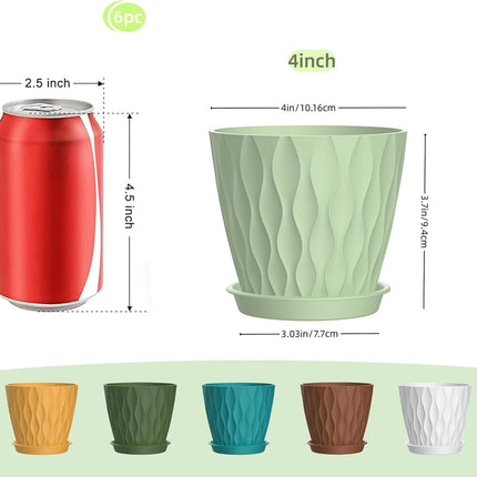 6 Pack 4 Inch Plant Pots with Drainage Holes & Trays, Indoor Flower Planters