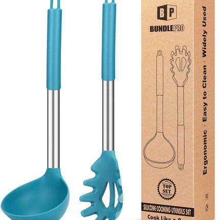 Blue Silicone Pasta Fork & Ladle Set Non Stick Kitchen Cooking Serving Tools