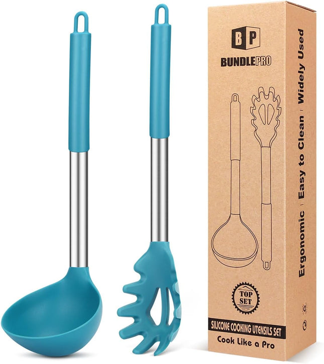 Blue Silicone Pasta Fork & Ladle Set Non Stick Kitchen Cooking Serving Tools