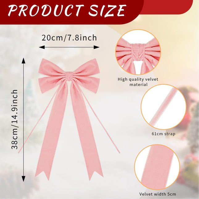 4PCS Pink Velvet Ribbon Bows – Large 7.9x12.6" Christmas Tree Décor