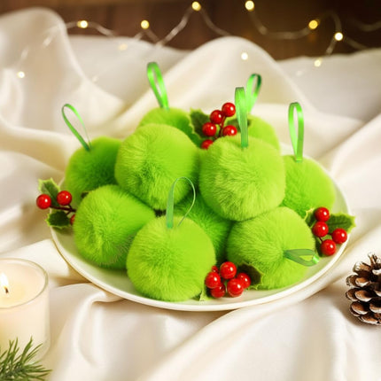 12pcs Lime Green Furry Ornaments – Faux Fur Pom Pom Balls for Christmas Décor