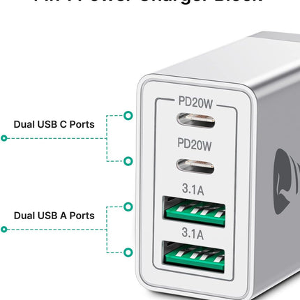 2-Pack] 40W USB C Wall Charger – Multiport PD & QC Power Adapter for iPhone & Samsung
