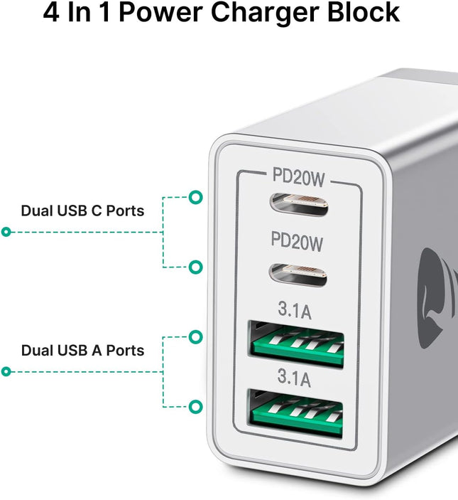 2-Pack] 40W USB C Wall Charger – Multiport PD & QC Power Adapter for iPhone & Samsung