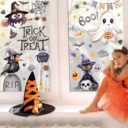 6-Sheet Halloween Ghost Window Clings, Spider Cat Crow Pumpkin Glass Decals