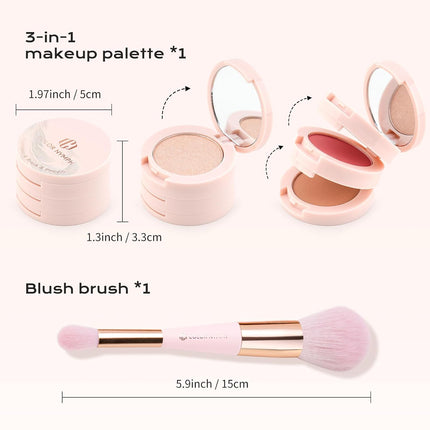 3-in-1 Blush Highlighter Contour Palette, Travel Makeup Kit with Brush & Mirror