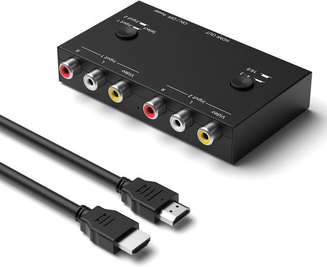 2-Port AV to HDMI Converter – Supports 16:9/4:3 for Consoles & VCR/DVD