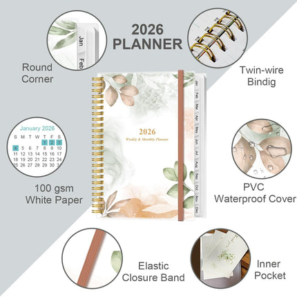 2026 A5 Weekly Monthly Planner Spiral Bound Jan–Dec Flexible Cover Tabs Rose Leaf