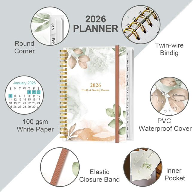 2026 A5 Weekly Monthly Planner Spiral Bound Jan–Dec Flexible Cover Tabs Rose Leaf