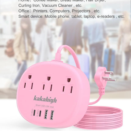Pink Extension Cord with USB C, Kawaii Power Strip with 3 Outlets & 4 USB