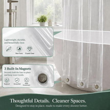 Crystal Clear Shower Curtain Liner 72x72 PEVA Waterproof, 3 Magnets, Rustproof Grommets