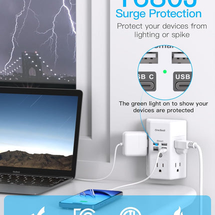 One Beat 1680J 3-Side Power Strip – 5 Outlets + 4 USB (USB-C) Surge Protector for Home & Travel