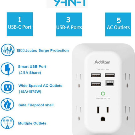 3. Addtam Multi-Plug Wall Adapter, 5-Outlet Extender with USB/USB-C and 1800J Surge