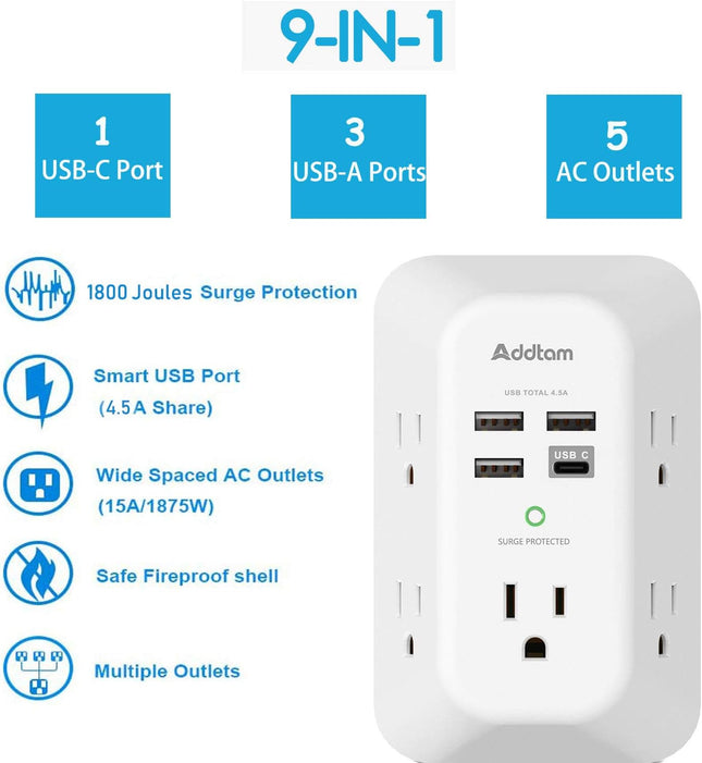 3. Addtam Multi-Plug Wall Adapter, 5-Outlet Extender with USB/USB-C and 1800J Surge