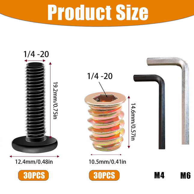 30PCS Wood Threaded Inserts – 1/4-20 Hex Socket Screw-In Nuts with Spanner