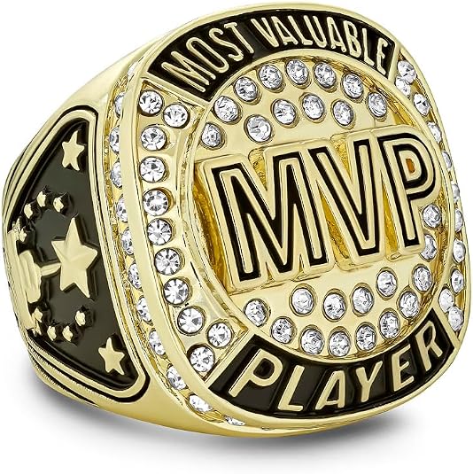Gold MVP Champion Ring Award Gift with 28 Inch Neck Chain, Display Stand and Case