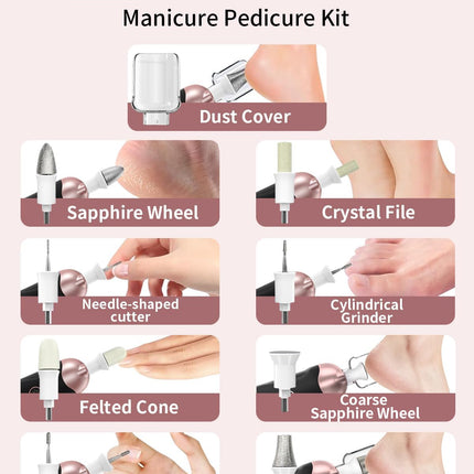 Electric Nail File 20000RPM, Cordless Toenail Grinder with LED Light, 9 Bits