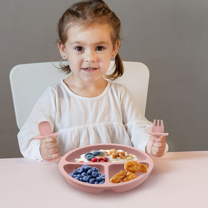 2-Pack Divided Toddler Plates with Suction, Silicone Feeding Set with Utensils, BPA-Free