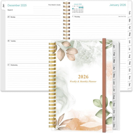 2026 A5 Weekly Monthly Planner Spiral Bound Jan–Dec Flexible Cover Tabs Rose Leaf