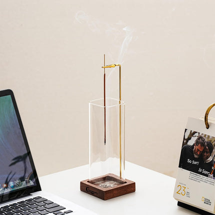 Wooden Incense Holder with Glass Ash Catcher – 20 Sticks & Brush Included