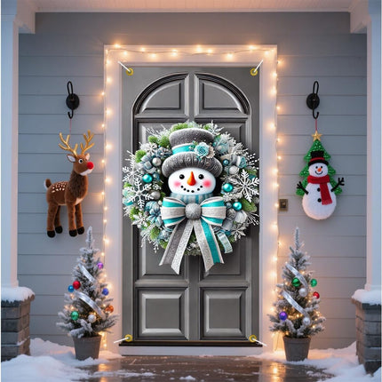 Christmas Door Banner 71x35 Inch: Snowman Wreath Design in Silver & Blue Theme