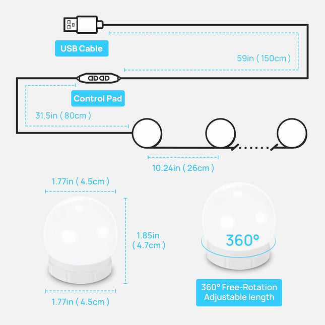 LED Hollywood Vanity Lights – 10 Dimmable Bulbs, Adjustable Color & Brightness