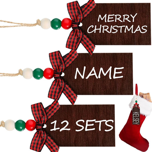 12 Sets Christmas Stocking Name Tags – Chalkboard Tags with Wood Beads and Bow for Xmas Stockings