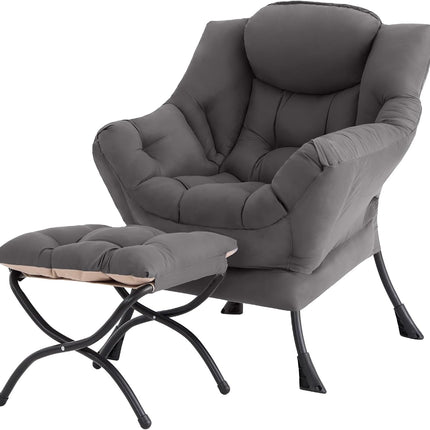 Dark Grey Lazy Chair with Ottoman, Padded Lounge Accent Chair with Side Pocket