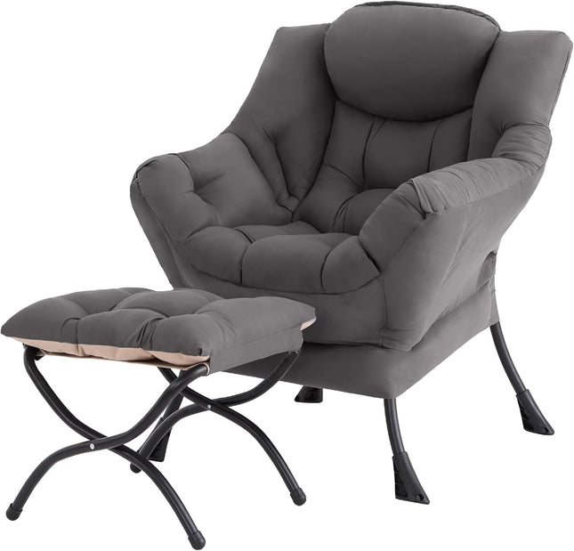 Dark Grey Lazy Chair with Ottoman, Padded Lounge Accent Chair with Side Pocket