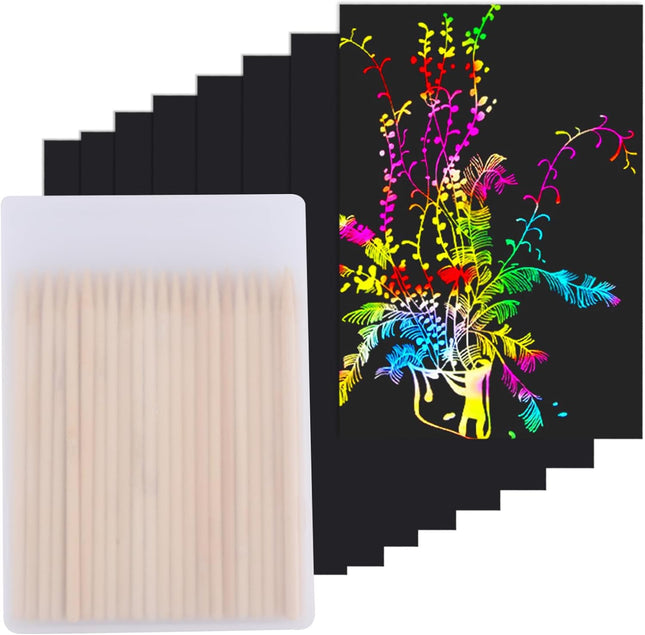 100 Pcs Rainbow Scratch Art Paper Kit Kids, Black Magic Scratch-Off Sheets Stylus Pens