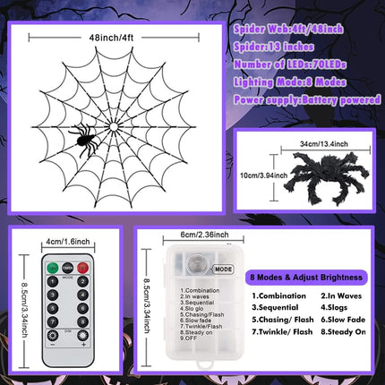 4FT Halloween Spider Web Lights, 70 LEDs, Black Spider, Remote, 8 Modes, Purple