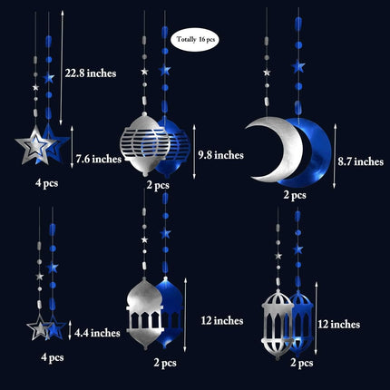 16PCS Silver Blue Ramadan Decorations: Star, Moon Lantern Garland & Eid Mubarak