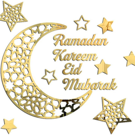 Gold Acrylic Ramadan Mubarak Eid Kareem Sign - Crescent Moon & Stars Wall Decor